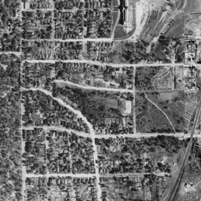 Aerial photo of White City amusement park lake, 1940