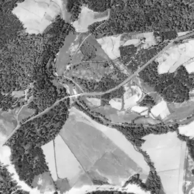 Aerial photo of Moore's Mill and millpond, 1940